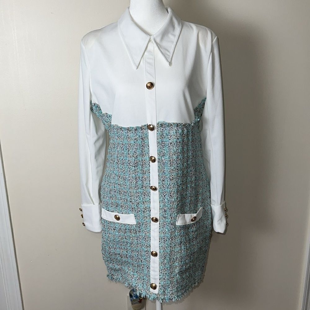 Jenifer Elegant White Tiffany Blue Boucle Tweed Long Sleeve Mini Dress - Picture 6 of 16